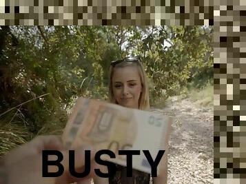 Busty babe Lya Missy fucks for cash outdoors