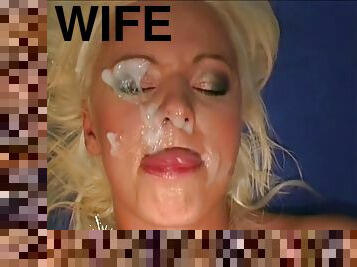 Gorgeous blonde housewife with Big Natural Tits Gets Face Covered with Facial