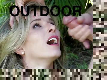 Blindfolded blonde gets cum on face outdoors - Fetish domination cosplay