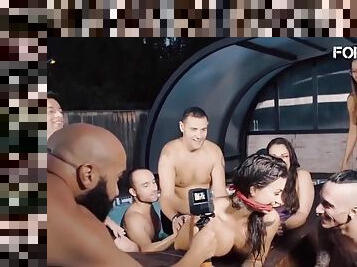 Gagged Spanish Brunette Susy Gala Rides Hard Cock In Group BDSM Sex in the Pool