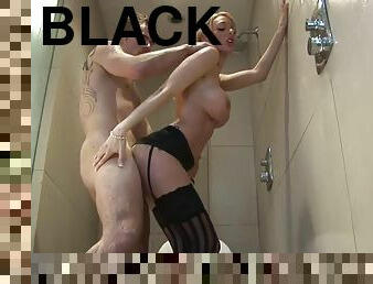 Cock riding on the shower floor & intense standing fuck in black stocking and garter