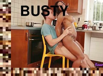 Busty Nubian MILF sucks and rides her boyfriend in the kitchen