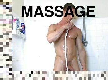 Hot handsome jock wanks his huge dick in a shower (after workout).