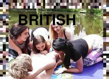 British babes in clothes give blowjob