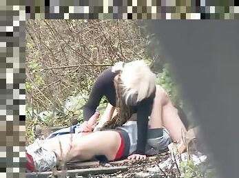 Glamorous blonde agrees to lie on the grass to get an orgasm