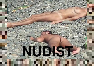 nudist, strand, posering