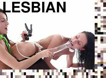 Lesbians ass gape one another using the pump