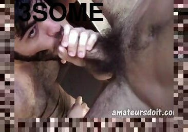 Bearded bottom fucked and sucking dick in a threesome