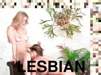 Shaved vagina of hot blonde licked by lesbian