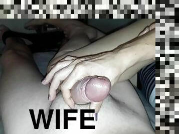 Hotwife gives husband a handjob.