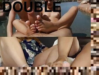 Splitscreen double footjob + blowjob footjob combo