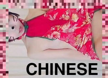 ?Chinese New Year?JC girl wearing Qipao struggles to take a selfie while masturbating using a toy.
