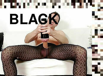 Black pantyhose on solo masturbating guy