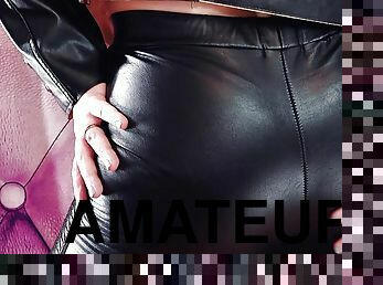 Leather Tease: sexy leggings and fashion jacket. Curvy blonde Mistress Arya Grander. 