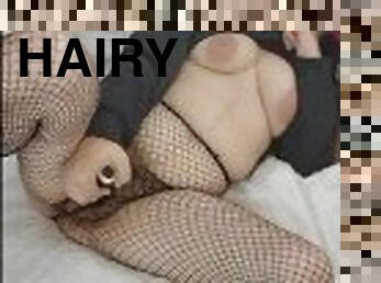 Hairy BBW Masturbates In Fishnets