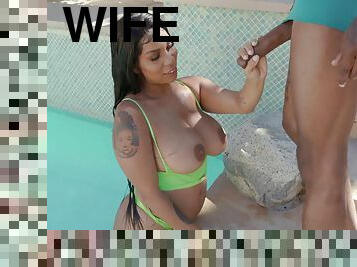 Latina wife tries tasty BBC by the pool in impeccable gems