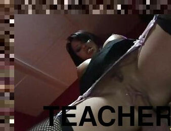 Headmaster fucks a teacher with black hair on his desk with his big dick