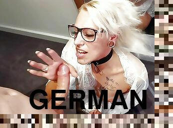 German skinny blonde secretary make POV blowjob at mirror