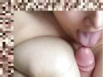 BBW big bouncing tits - amateur missionary & BJ POV - kissing and spitting - cum in her mouth