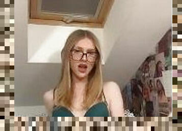 Nerdy blonde girl with an extra big clit plays with herself