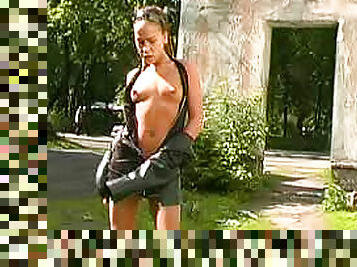 Skinny girl strips in public park