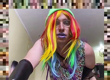 Rainbow sissy Natasha eats cum