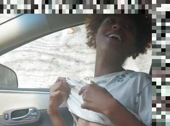 Public blowjob in the car from black amateur stepmom