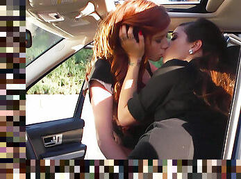 Unbelievable brunette car lesbian action