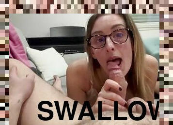 briller, skinny, amatør, blowjob, svelging, cum, blond