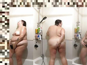 Natural BBW Joy is taking a naughty shower, full video, multiple orgasms