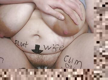 Cuckold husband started to jerk off his cock on big boobed BBW slut wife covered in cum and body writings! -Milky Mari