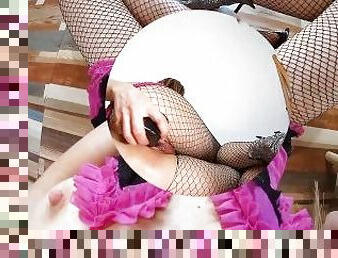 Dirty Slut with Rip Fishnet Stockings Stimulates Herself with a BBC until She Squirts