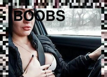 Little Playing with my Tits While Driving