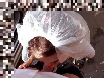 Slutty Bride Gives Sloppy Blowjob Outdoors And Gets Squirted In The Car