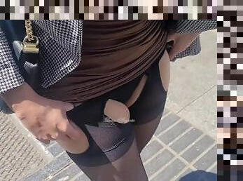 PUBLIC FLASH. I take off pantyhose and show tits with many stranger