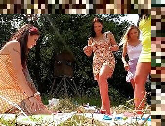Beautiful Big Tits Big Ass Girls Party Outdoors by Playing Games and Trying Panties and NO PANTIES