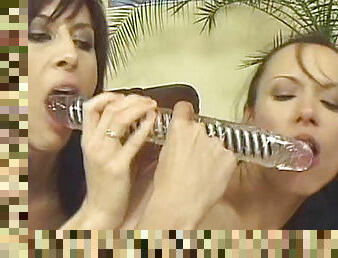 Two lesbians are playing with this hard dildo