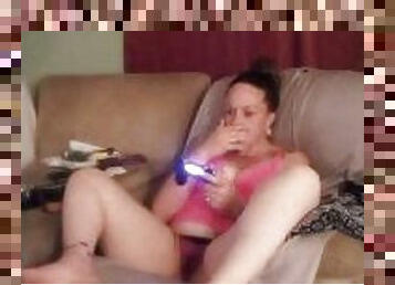 Pretty Girl In Sexy Pink Lingerie Playing Video Games (Upskirt and Panties)