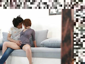 Interracial fucking on the sofa with redhead Rebecca Rainbow