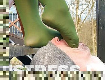 Gentle Foot Worship Mistress Feet In Green Pantyhose Outdoor