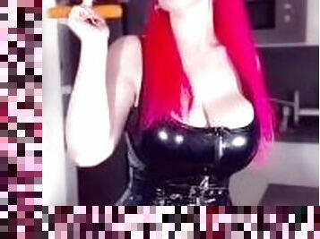 Luvie Doll pink haired smoking hot easter bunny in PVC outfit with long nails sucking big carrot