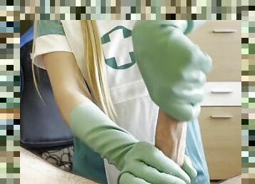 Cock examination after multiple cumshots from nurse in latex gloves - teaser