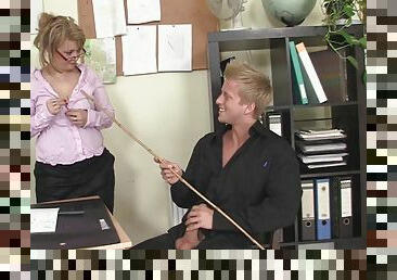 Office mature in white stockings riding cane