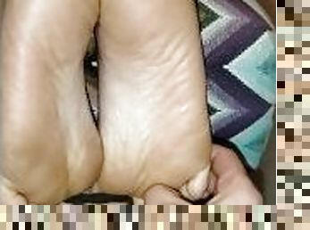 Toetied hannahs small feet and tickled her then got a footjob