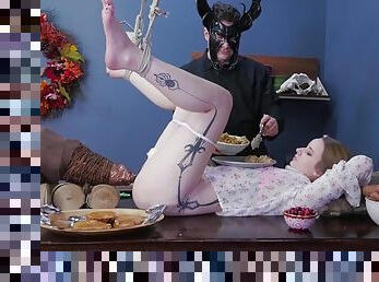 Submissive teenage slave gets ass screwed after feast
