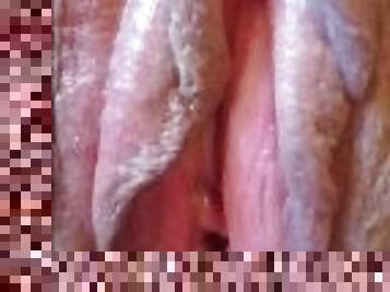 AMATEUR MILF POV - CREAMY PUSSY GETS CUM ON HAIRY BUSH - incredible pink pussy and clit stimulation