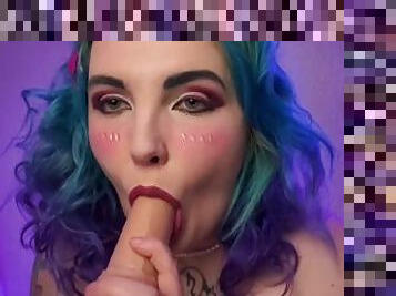 Cute curvy cosplayer with blue hair teasing and suck dildo so sloppy ahegao face