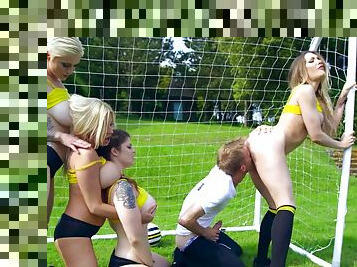 Dirty porn on the pitch with several cheerleaders