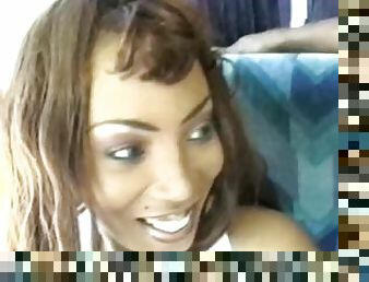 Lusty ebony with a hairy muff rides black stud on the bus