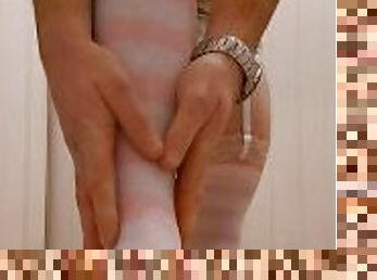 Toilet piss with panties and diaper pulled down , nylon tights lace foreskin